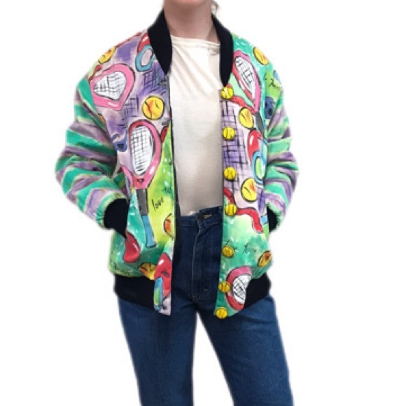 Vintage Jackets & Blazers - VINTAGE Hand Painted Bomber Jacket Tennis‎ Wearable Art Artsy 80s 90s Size Small